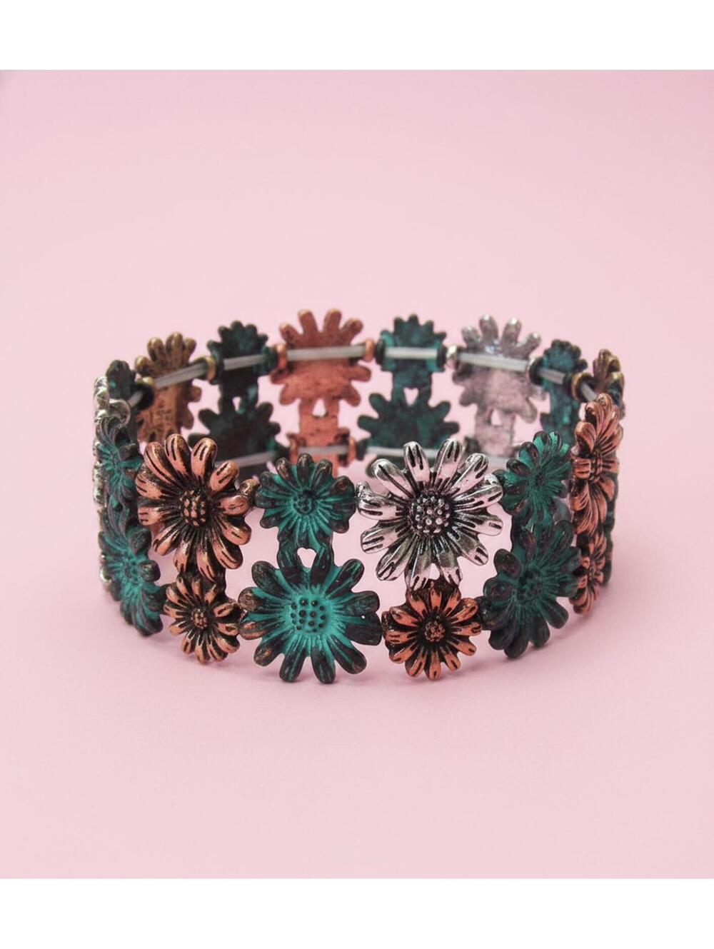 Vintage Multi-Tone Floral Metal Stretch Bracelet